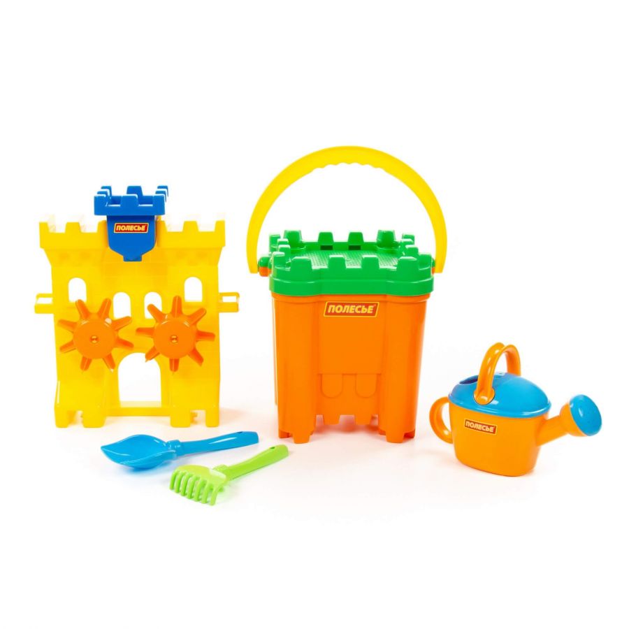 Набор №468: песочная мельница "Крепость", ведро-крепость "Макси", сито-крепость "Макси", лопатка №5, грабельки №5, лейка №8