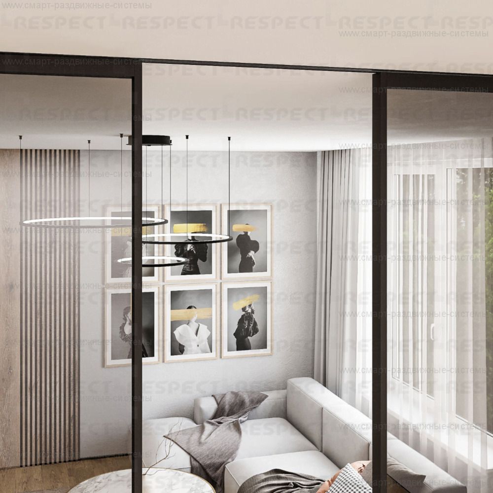 Раздвижная перегородка 2 полотна на скрытой направляющей внутри проема