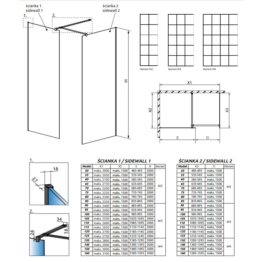 Решетчатая стеклянная душевая перегородка Walk-in Radaway Modo X Black III Factory 90х50 см схема 2