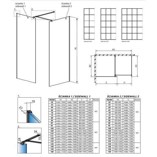 Решетчатая стеклянная душевая перегородка Walk-in Radaway Modo X Black III Factory 90х50 см схема 2