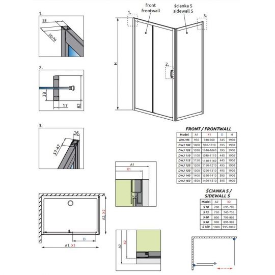 Стеклянное душевое ограждение Radaway Premium Plus DWJ+S 140х90 см схема 2