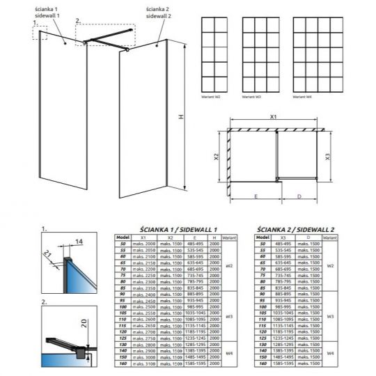 Стеклянная душевая перегородка Walk-in Radaway Modo New Black III Factory решетчатое 80х75 см схема 2