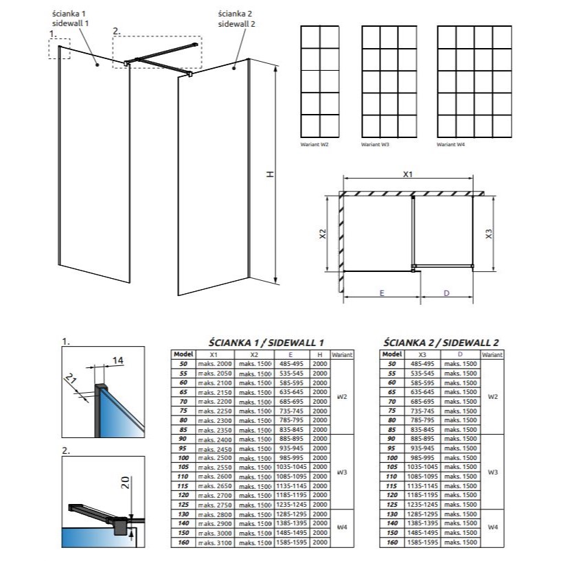 Стеклянная душевая перегородка Walk-in Radaway Modo New Black III Factory решетчатое 90х90 см схема 2