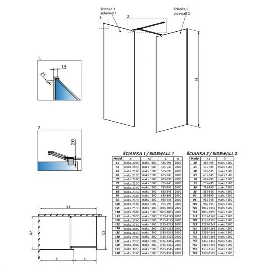 Стеклянная душевая перегородка Walk-in Radaway Modo New Black III Frame с черными перегородками 140х110 см схема 2