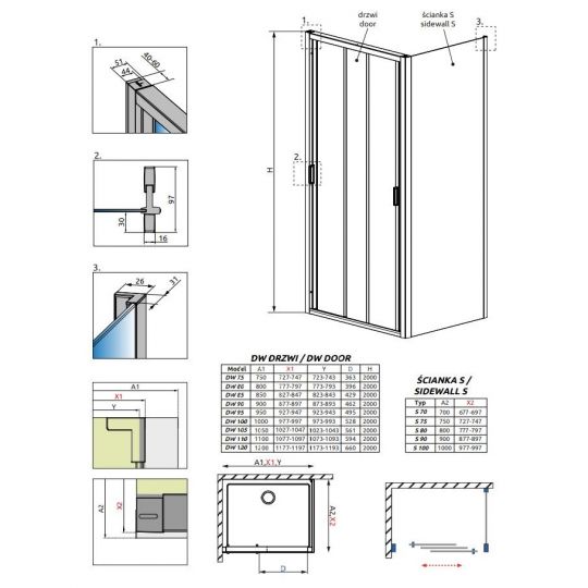 Душевой уголок Radaway Evo DW+S с универсальной раздвижной дверью 80х90 см схема 3