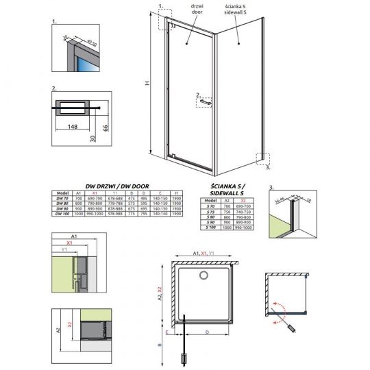 Душевой уголок Radaway Twist DW+S с поворотной дверью 90х70 см схема 2