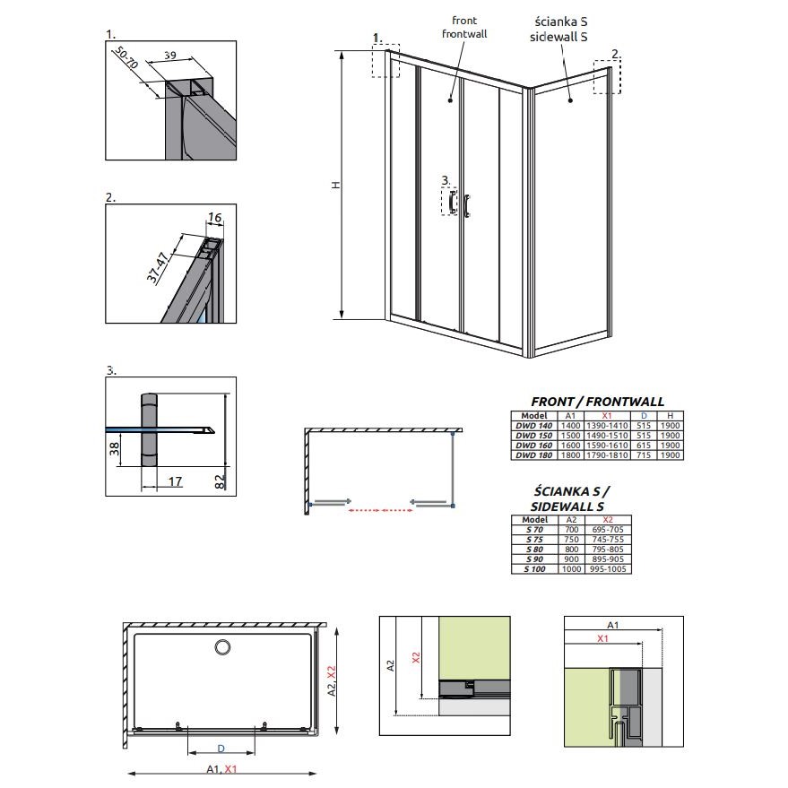 Двустворчатое душевое ограждение Radaway Premium Plus DWD+S 150х75 см схема 2